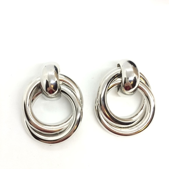 VINTAGE 80S 90S LARGE HOOP EARRINGS DOUBLE CIRCLES SILVER TONE STATEMENT - Picture 6 of 13